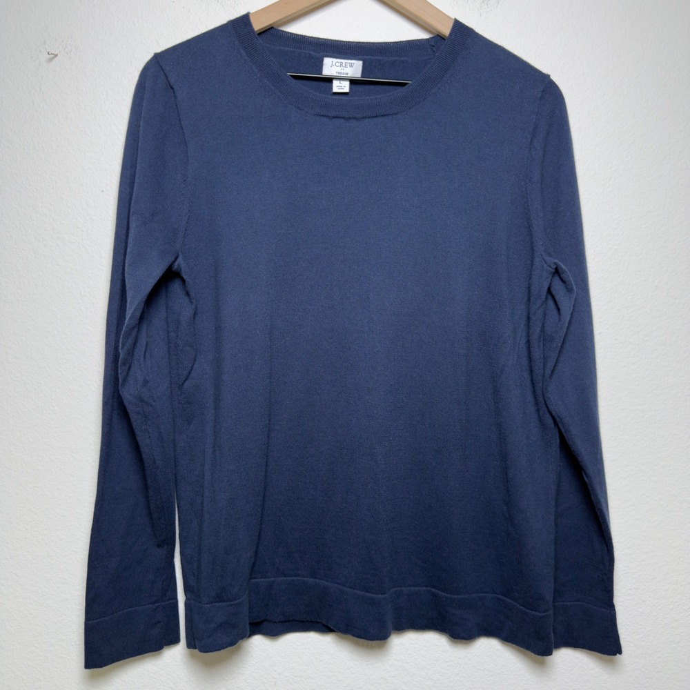 J. Crew Women 100% Cotton Teddie Sweater Large Blue Crewneck Long Sleeve Preppy